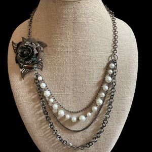 COPY - Large Black Metal Rose FlowerLayered Beaded Necklace